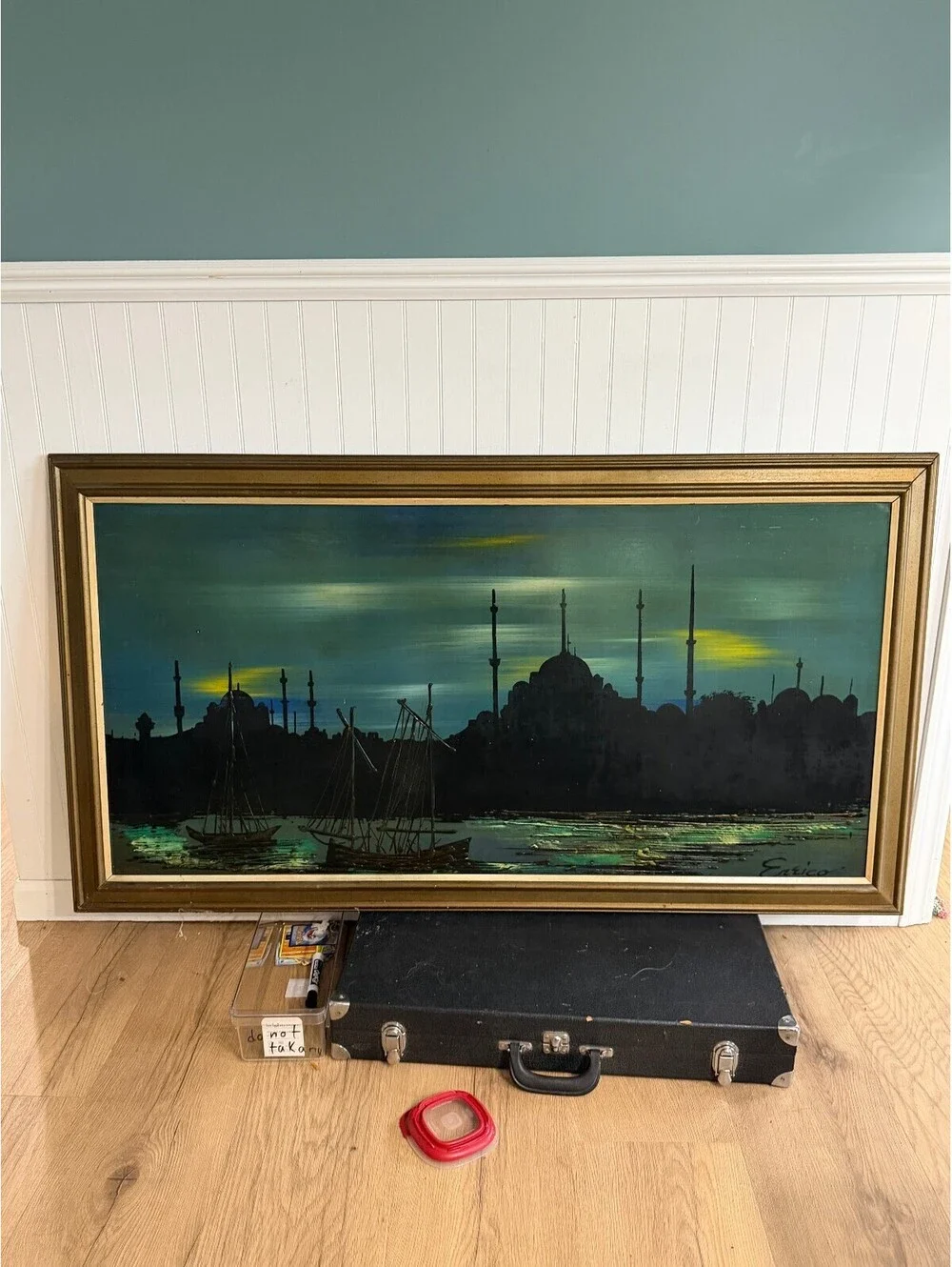 MCM Framed Signed Painting of City Skyline at Dusk  52” x 28.5”